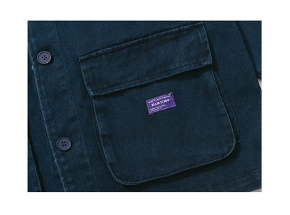 Vintage Washed Denim Collarless Shirt – Japanese Style Long Sleeve (Unisex)