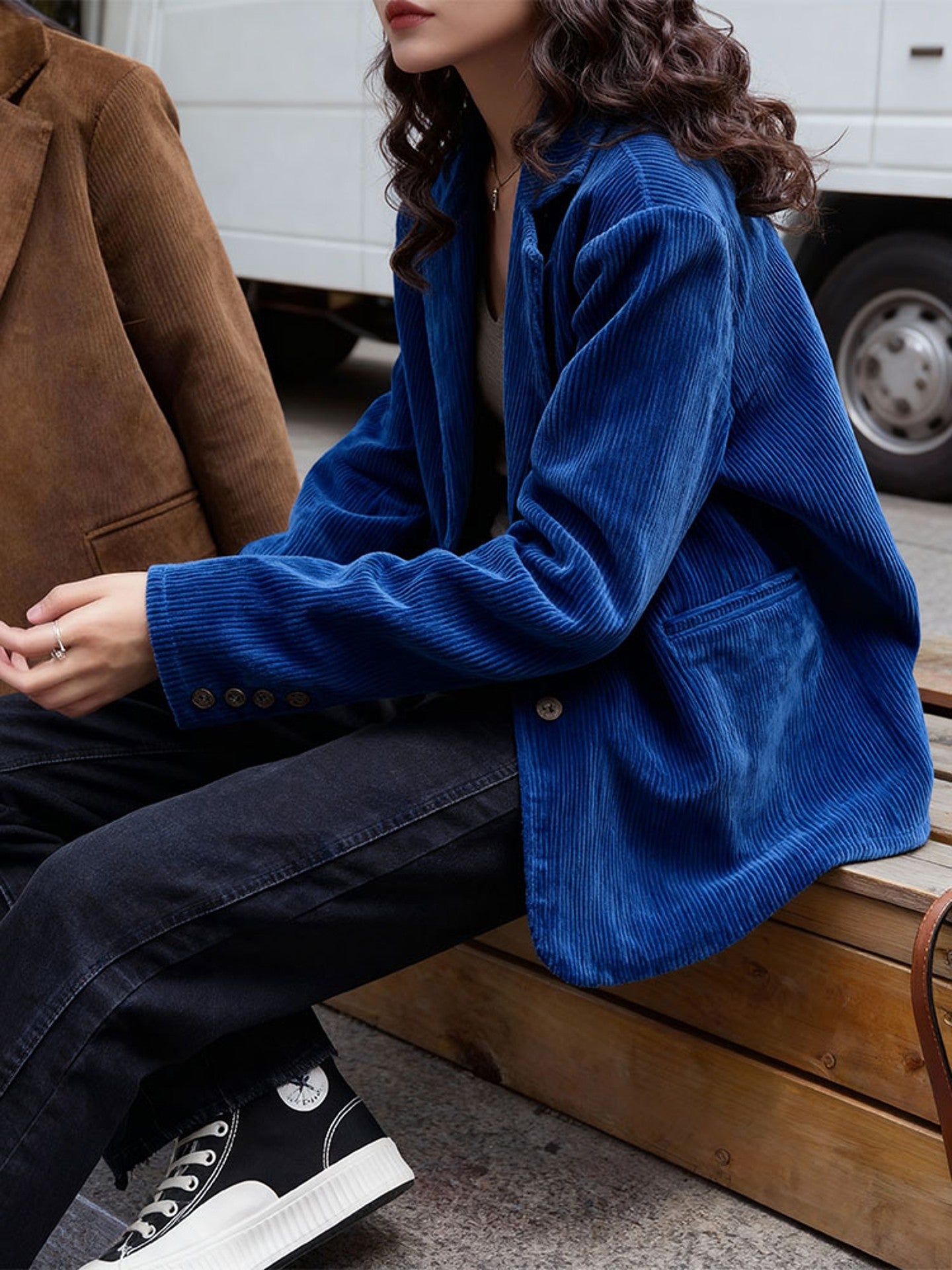 Klein Blue Corduroy Chanel-Style Jacket - Chenille Short Coat (Women)