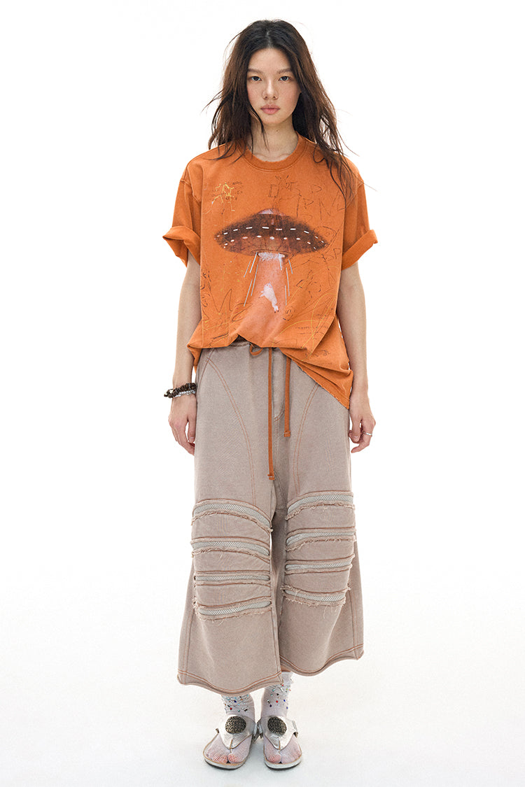 Alien Piggy 230g UFO Piggy Print Orange Short Sleeve T-Shirt