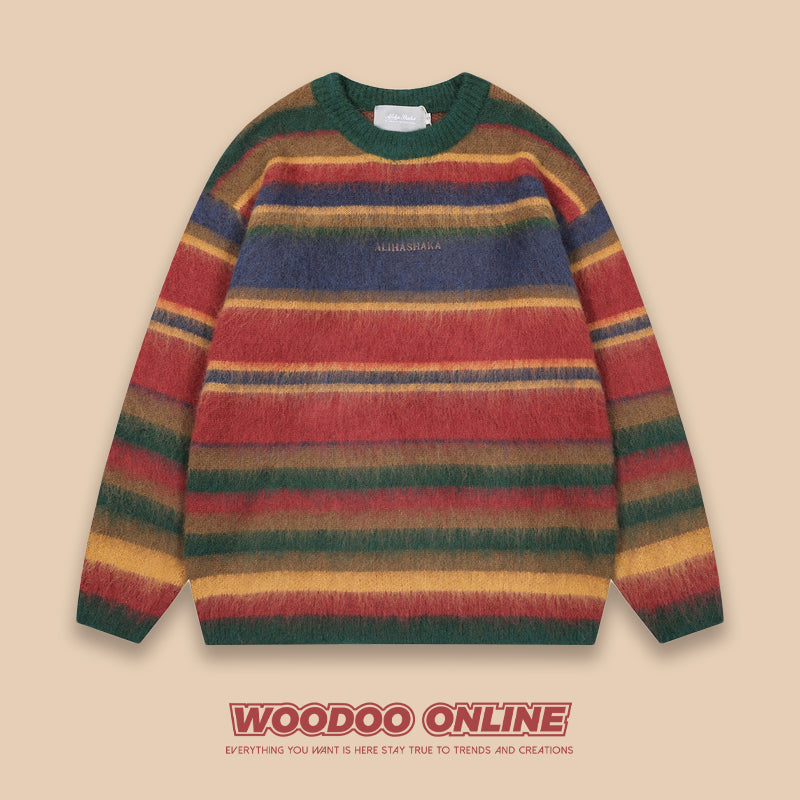 Shuixi Zhanqiao WOODOO Designer Brand Retro Round Neck Color Block Striped Unisex Knitted Sweater