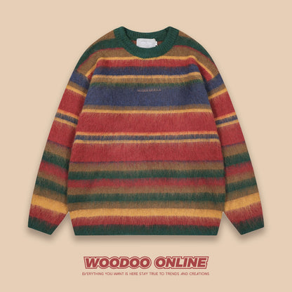 WOODOO Unisex Retro Knitted Sweater - Color Block Striped Round Neck Top