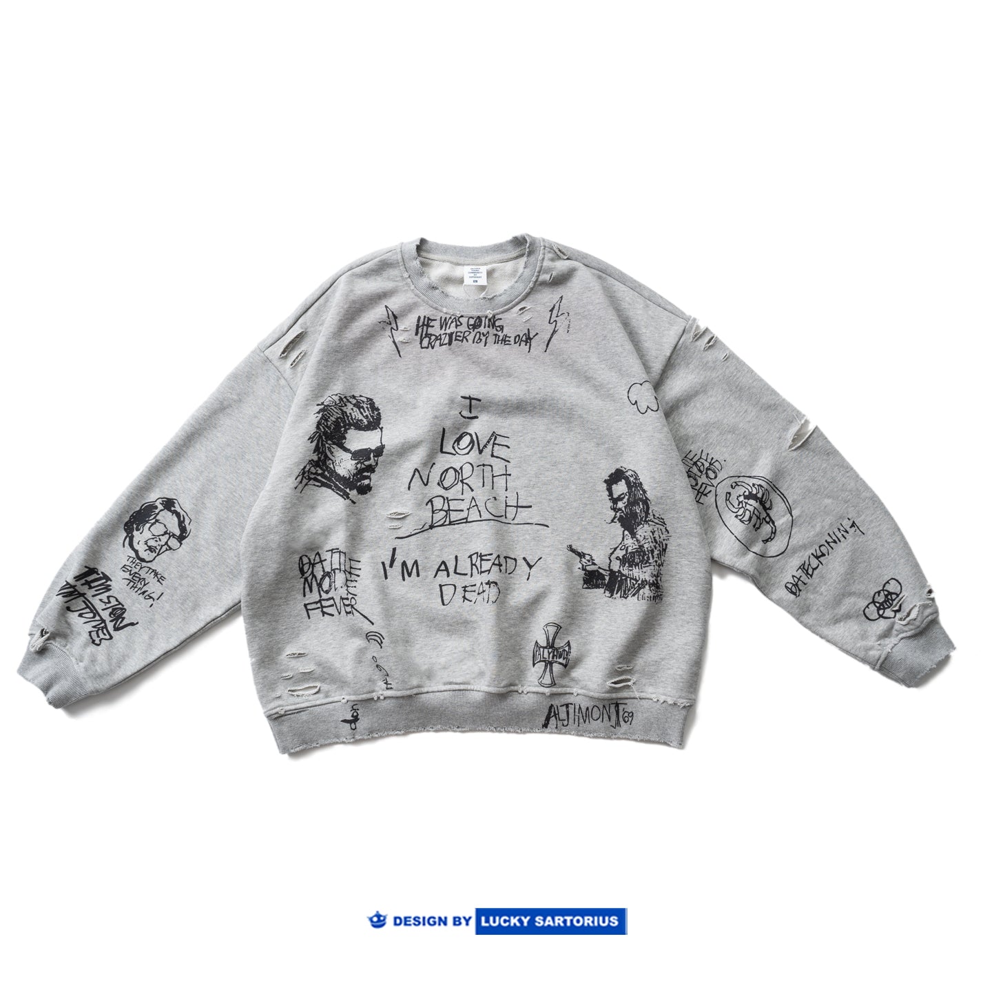 Retro Washed Graffiti Print Crewneck Sweatshirt – Distressed Loose Unisex