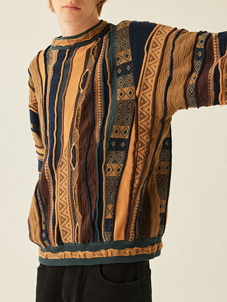 Medria Unisex Retro Bitter Melon Pattern Sweater - Niche Ethnic Vintage Pullover