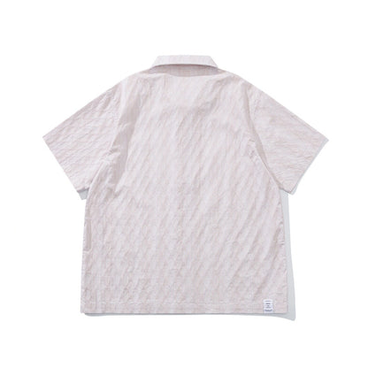 Diamond Texture Striped Short Sleeve Shirt – Loose Unisex Casual Summer