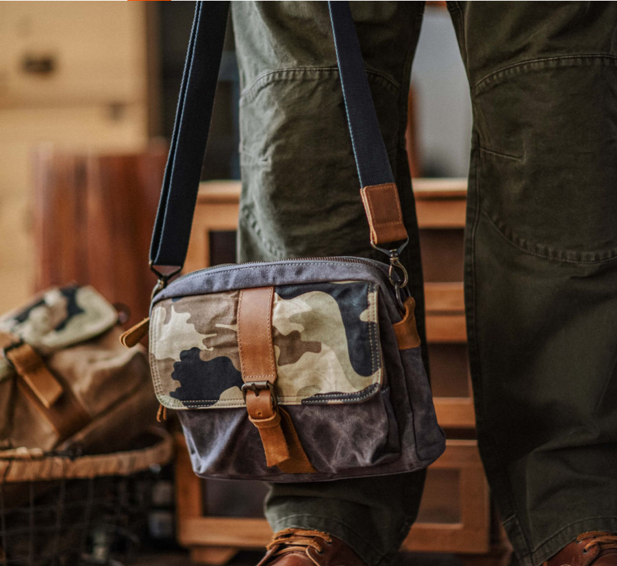 Japanese Vintage Camouflage Canvas Crossbody Bag – Indigo Cowhide Leather Messenger Shoulder Bag