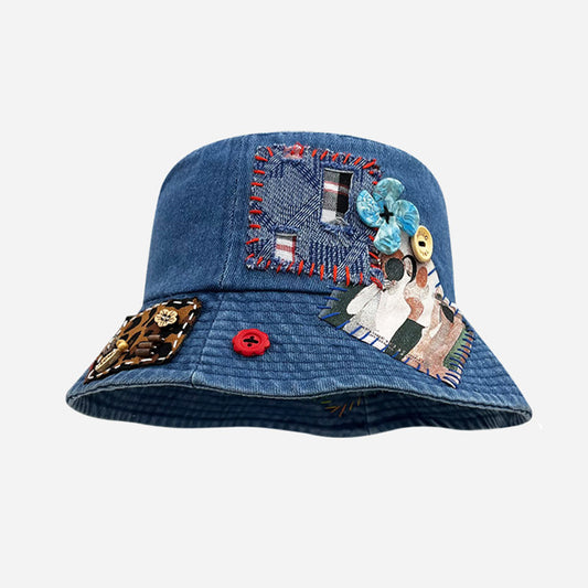 Denim Abstract Appliqué Fisherman Hat – Wide Brim Sun Protection Streetwear – Japanese vintage | yamalin clothes | Yamalinclothes