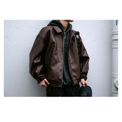 Lychee-Grain PU Leather Lapel Jacket – American Retro Oversized Unisex