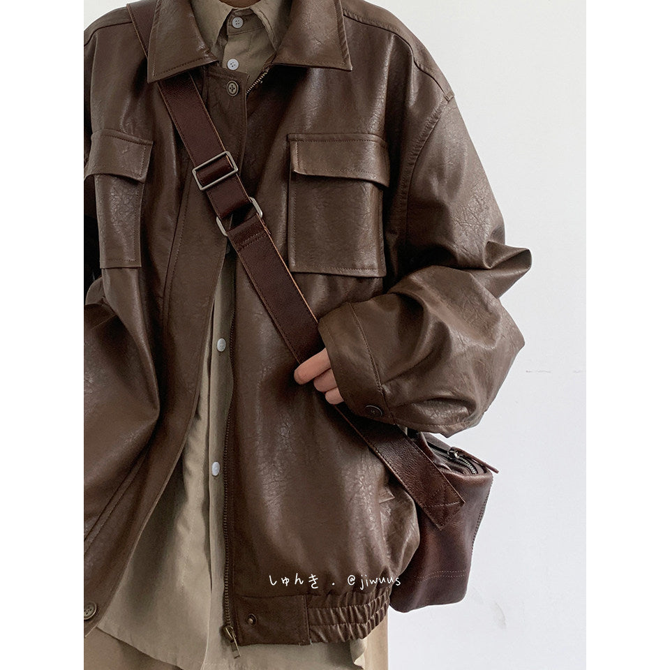 Vintage Moto Leather Jacket – Unisex PU Biker Brown Black