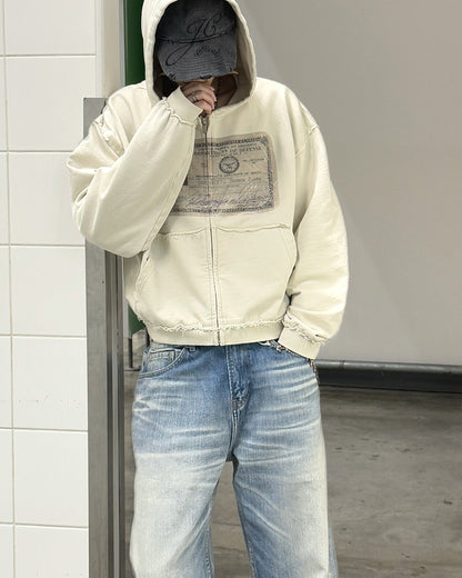 EssorNovus Michael Jackson passport print raw edge old zip hoodie sweatshirt