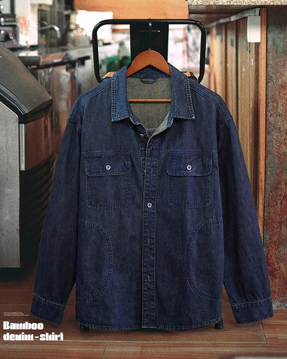 American Workwear Long Sleeve Denim Shirt Jacket - Loose Casual Vintage Denim Overshirt for Men