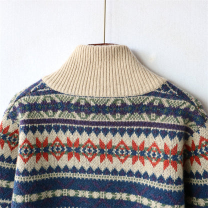 100% Wool Half-Zip Jacquard Stripe Sweater – Men's Ethnic Knit Pullover Khaki