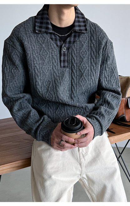 Wool Blend Patchwork Twisted Polo Collar Knit Jacket – Japanese Vintage Unisex – Sweater pullover | japanese streetwear | vintage workwear | unisex | Yamalinclothes