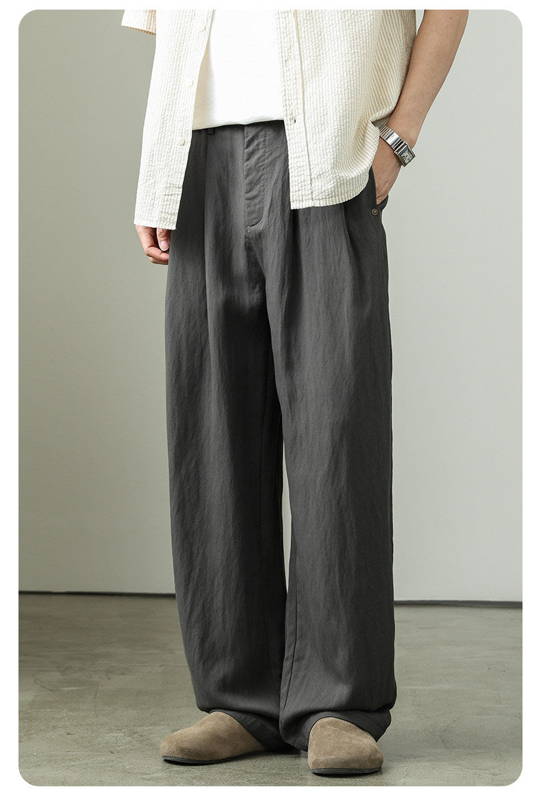 Draped Lyocell Wide Leg Pants – Loose Straight Tencel Linen Summer Ice Silk Slacks for Men – Japanese vintage | yamalin clothes | Yamalinclothes