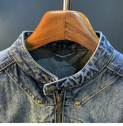 American Utility Stand-Collar Zipper Denim Jacket – Vintage Oversized Men’s Trucker Coat