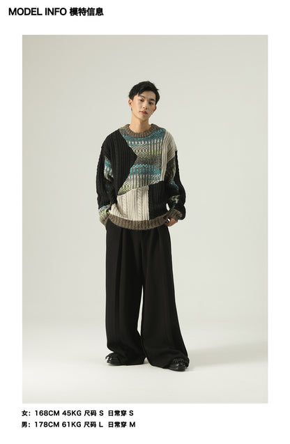 Heavy-weight twisted patchwork gradient back collar camel wool sweater