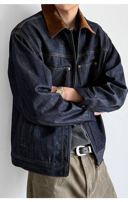 Denim Jacket – Corduroy Collar & Zip Front | Yamalinclothes