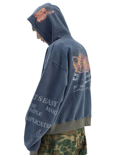 Vintage Distressed Letter Print Zip-Up Hoodie – Oversized Hip-Hop Sweatshirt