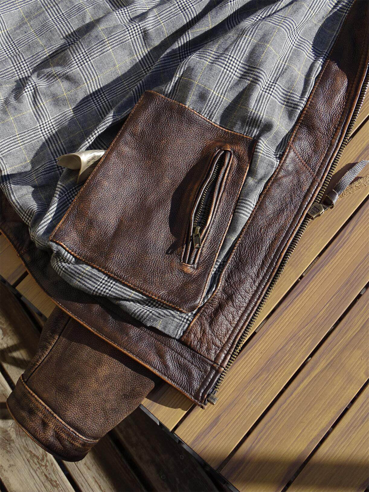 Stone-Washed Distressed Cowhide Leather Jacket – Men's American Retro Cargo Coat