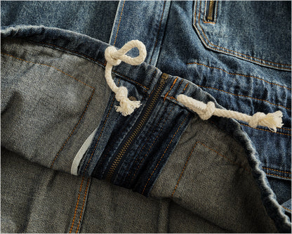 Heavyweight Washed Denim Jacket – Vintage Workwear Multi-Pocket Drawstring Coat