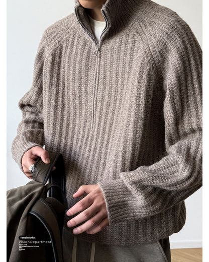 Half-Zip Stand Collar Knit Pullover – Loose Lazy Men – Japanese vintage | yamalin clothes | Yamalinclothes