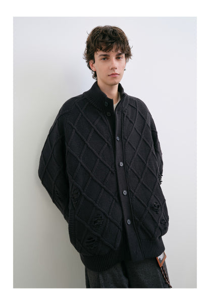 Diamond Jacquard Knit Down Jacket – Men's Oversized Sweater Puffer Coat