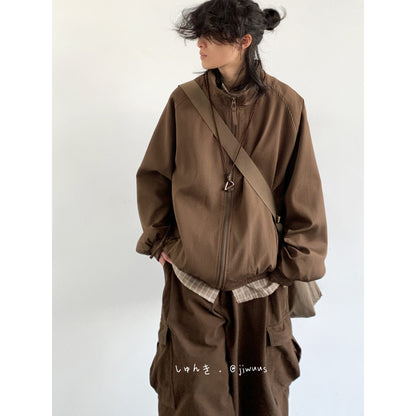Vintage Stand Collar Cargo Jacket – Unisex Raglan Zip