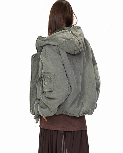Polar Fleece Hooded Denim Cargo Jacket – Thickened Oversized Unisex