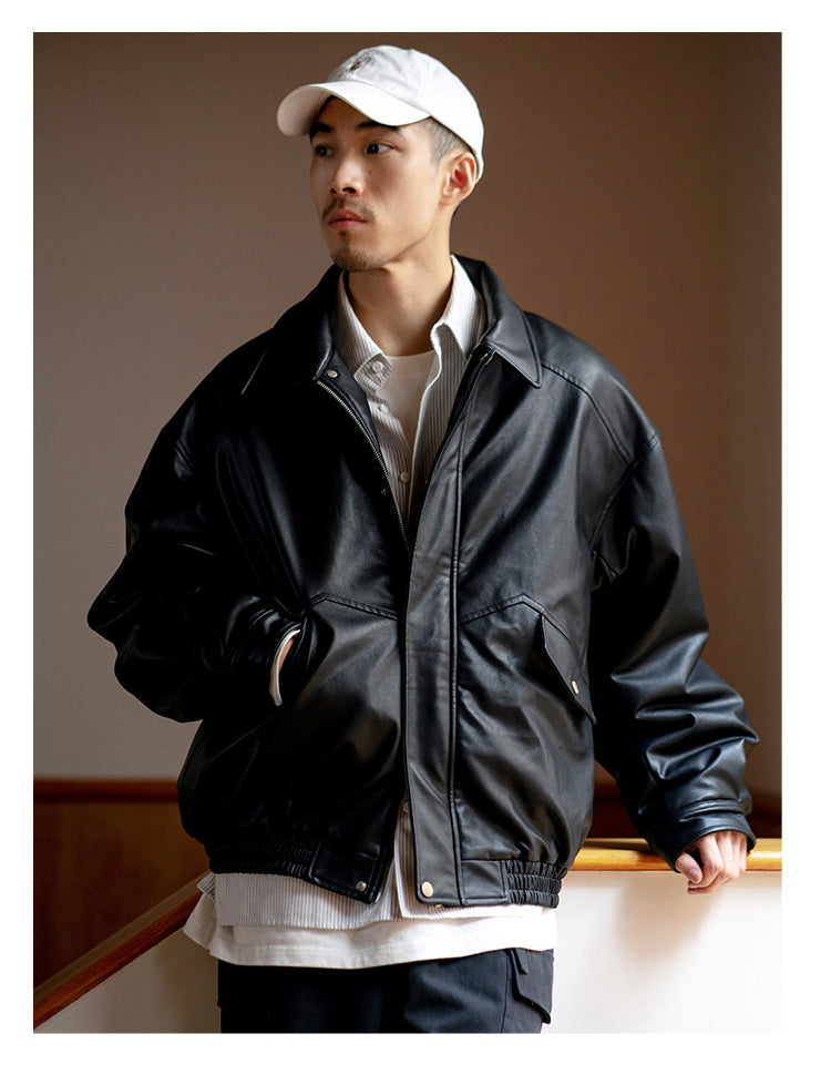 Japanese PU Leather Fleece-Lined Jacket – Men's Oversized Winter Coat – Japanese vintage | yamalin clothes | Yamalinclothes