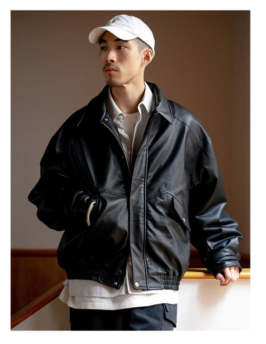 Japanese PU Leather Fleece-Lined Jacket – Men's Oversized Winter Coat – Japanese vintage | yamalin clothes | Yamalinclothes