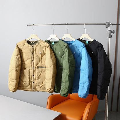 Collarless Down Jacket – Wave Quilting & Snap Front