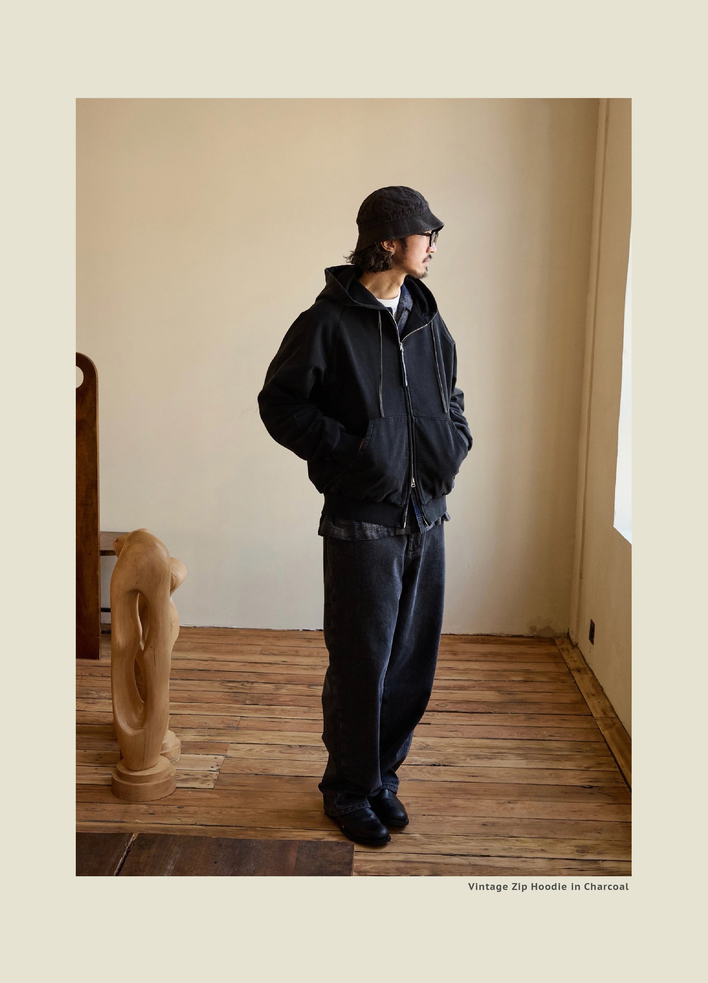 SS26 USAGE VTG Zip Hoodie - Yamalin Heavy Antique Woven Sweatshirt Washable Double Hoodie