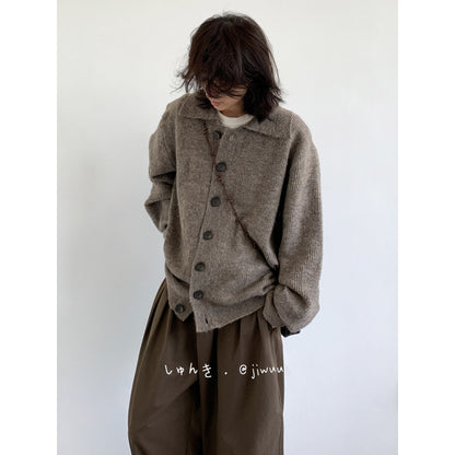 Collegiate Vintage Knit Cardigan – Unisex Oversized Grey Oatmeal