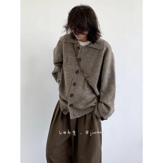 Collegiate Vintage Knit Cardigan – Unisex Oversized Grey Oatmeal – Japanese vintage | yamalin clothes | Yamalinclothes
