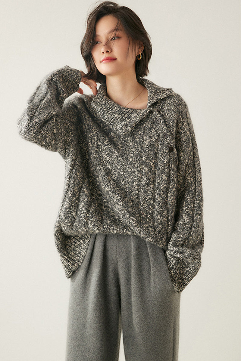 Heavy-duty lazy cashmere sweater, diagonal buttoned floral tulle, thickened twisted high-neck sweater, Korean autumn/winter new women's knitwear | Yamalinclothes