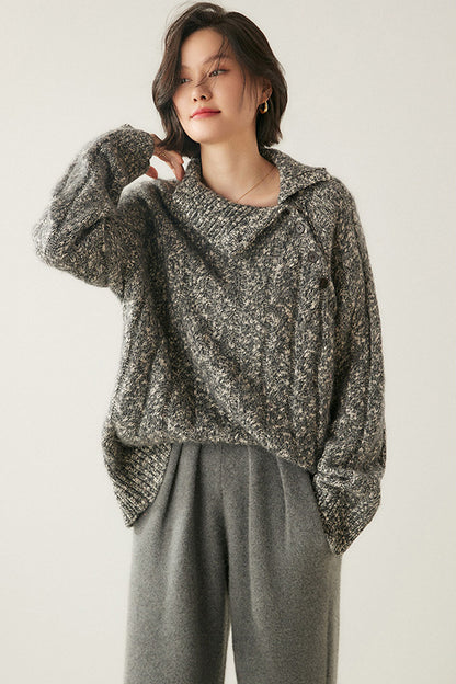 Heavy-duty lazy cashmere sweater, diagonal buttoned floral tulle, thickened twisted high-neck sweater, Korean autumn/winter new women's knitwear | Yamalinclothes