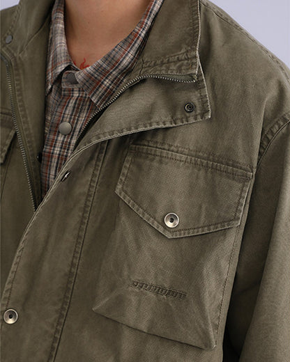 American Retro Stand Collar Cargo Jacket – Loose Unisex Autumn