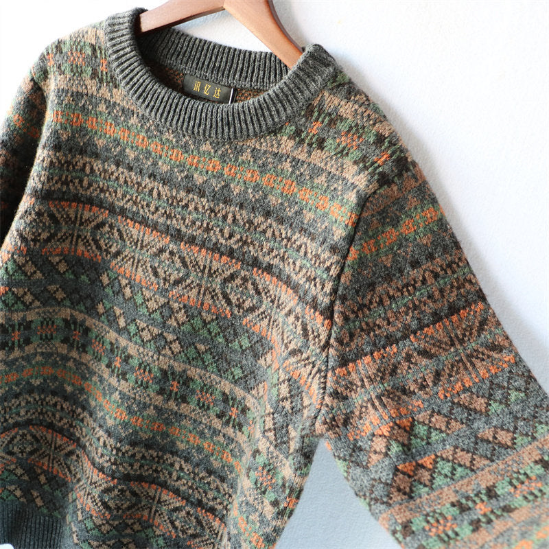 100% Wool Jacquard Stripe Crew Neck Sweater – Men's Thick Knit Pullover