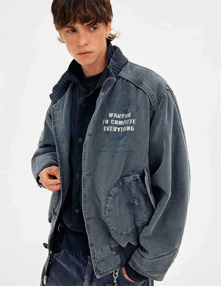 Heavyweight Washed Cotton Stand Collar Workwear Jacket – Oversized Unisex Short Coat