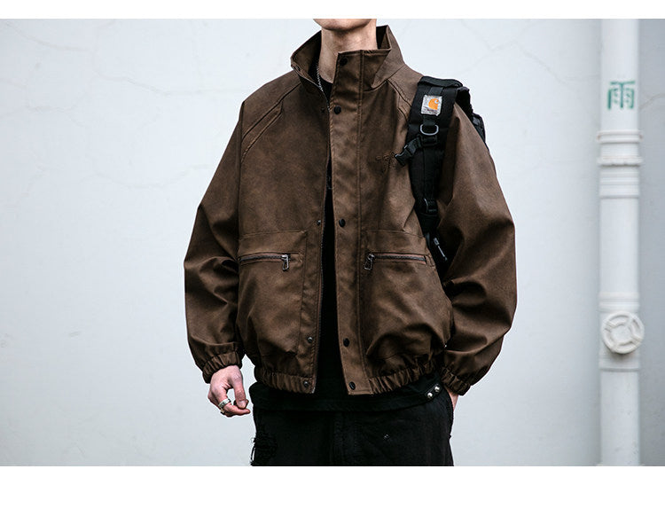 Letter Embroidery Stand-Collar Moto Jacket – American Retro Oversized Unisex