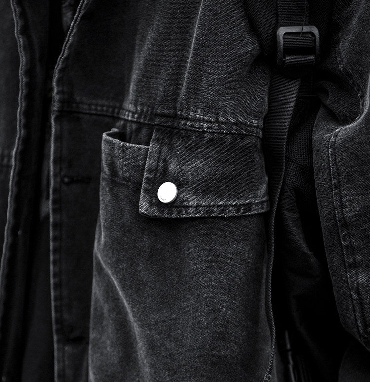 Washed Patchwork Lapel Cargo Jacket – American Retro Oversized Unisex