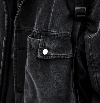 Washed Patchwork Lapel Cargo Jacket – American Retro Oversized Unisex