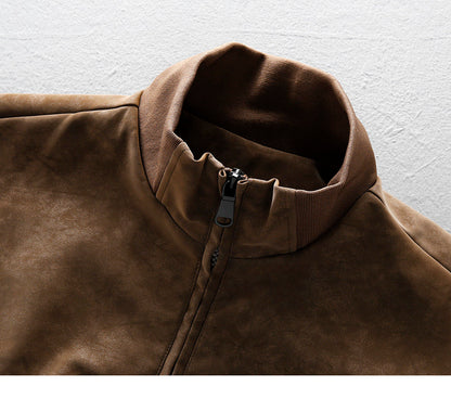 American Vintage Suede PU Leather Stand-Collar Jacket – Oversized Men’s Moto Coat