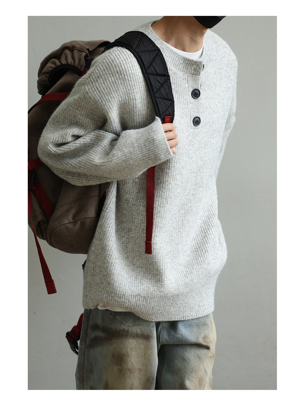 Retro Henley Knit Sweater – Lazy Style Crew Neck Men – Japanese vintage | yamalin clothes | Yamalinclothes