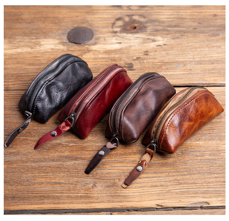 Handmade Top-Grain Cowhide Key Case – Vintage Mini Leather Coin Purse