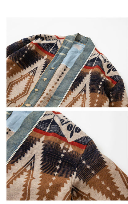 Men's Luckysartorius Japanese Retro Denim-Stitched Woolen Jacket - National Wind Robe Style Coat