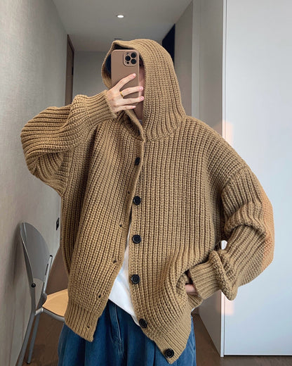 1.5KG Heavyweight Hooded Chunky Knit Button Sweater Coat – Oversized Vintage Winter – Japanese vintage | yamalin clothes | Yamalinclothes