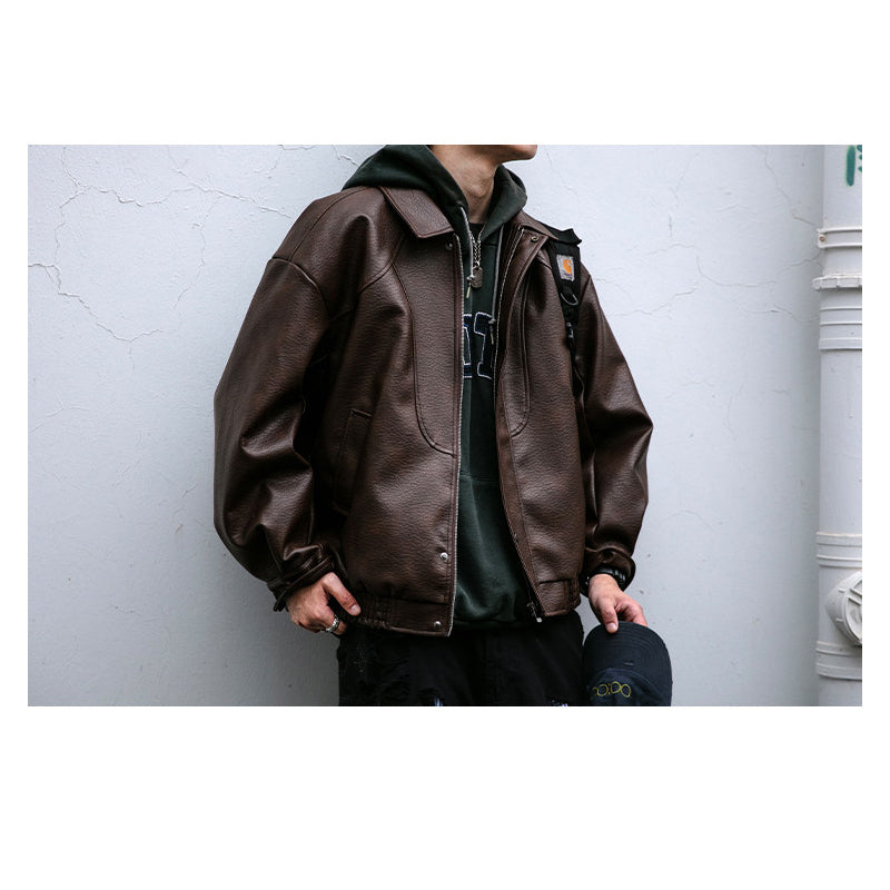 Lychee-Grain PU Leather Lapel Jacket – American Retro Oversized Unisex