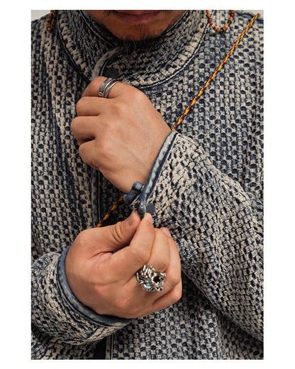 Textured Denim Jacket – Stand Collar & Bound Pockets