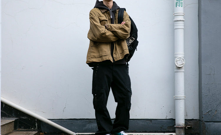 Cotton Cargo Jacket – Corduroy Collar & Four Pockets | Yamalin clothes | Vintage workwear outfit for men