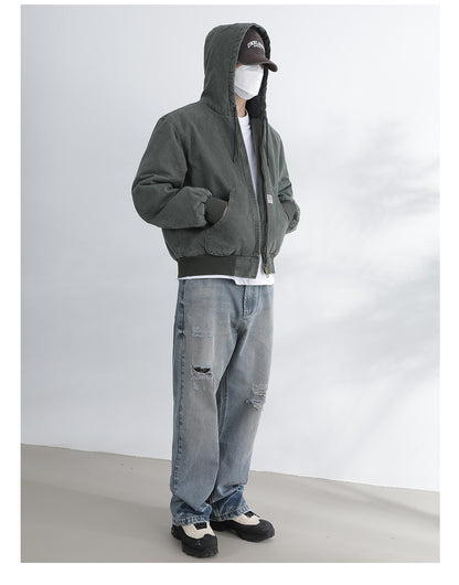 Vintage Wash Distressed Cargo Hoodie Jacket – Thermal Insulated Men's Coat